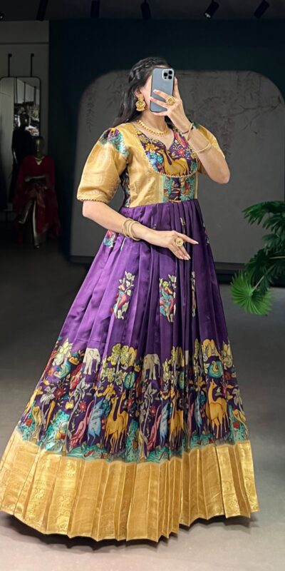 Purple Dola Silk Weaving Work Gown | Gowns, Bollywood Gowns, Creative Gowns, Designer Gowns, Embroidered Gowns, Party Wear Gowns