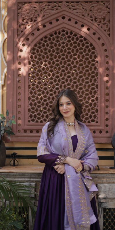 Purple Faux Georgette Sequin Work Gown | Gowns, Bollywood Gowns, Creative Gowns, Designer Gowns, Embroidered Gowns, Party Wear Gowns