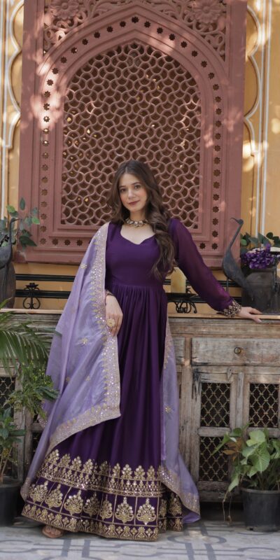 Purple Faux Georgette Sequin Work Gown | Gowns, Bollywood Gowns, Creative Gowns, Designer Gowns, Embroidered Gowns, Party Wear Gowns