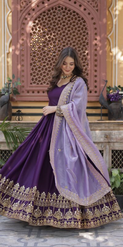 Purple Faux Georgette Sequin Work Gown | Gowns, Bollywood Gowns, Creative Gowns, Designer Gowns, Embroidered Gowns, Party Wear Gowns