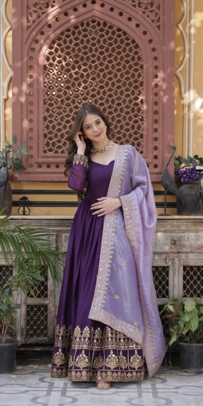 Purple Faux Georgette Sequin Work Gown | Gowns, Bollywood Gowns, Creative Gowns, Designer Gowns, Embroidered Gowns, Party Wear Gowns