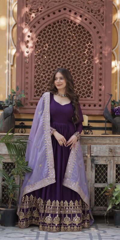 Purple Faux Georgette Sequin Work Gown | Gowns, Bollywood Gowns, Creative Gowns, Designer Gowns, Embroidered Gowns, Party Wear Gowns