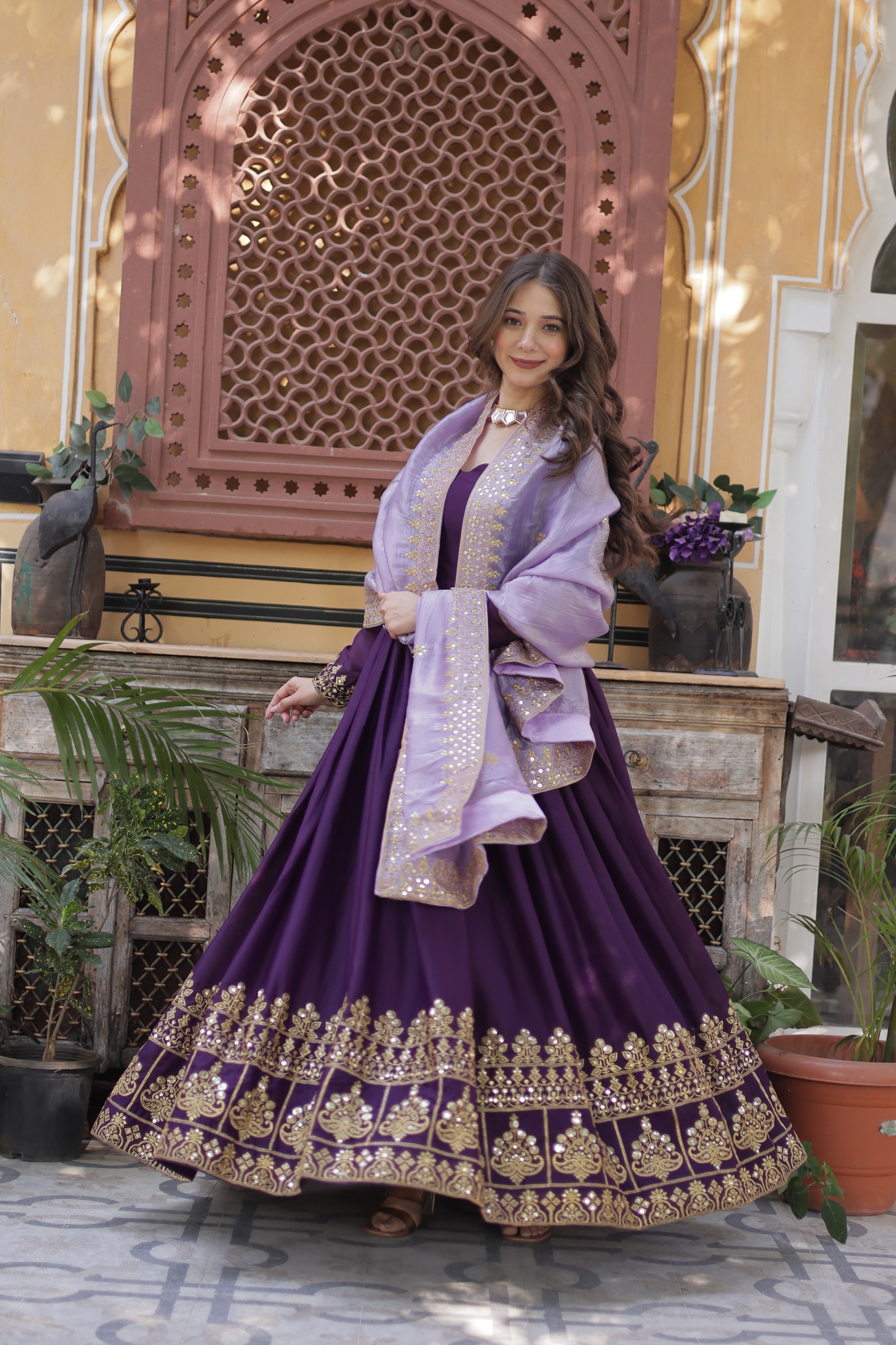 Purple Faux Georgette Sequin Work Gown | Gowns, Bollywood Gowns, Creative Gowns, Designer Gowns, Embroidered Gowns, Party Wear Gowns