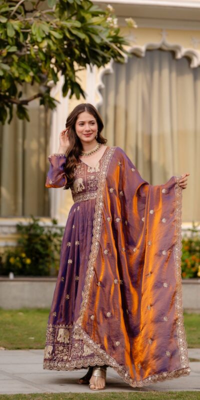 Purple Fendy Satin Embroidery Work Gown | Gowns, Bollywood Gowns, Creative Gowns, Designer Gowns, Embroidered Gowns, Party Wear Gowns