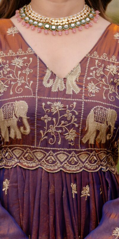Purple Fendy Satin Embroidery Work Gown | Gowns, Bollywood Gowns, Creative Gowns, Designer Gowns, Embroidered Gowns, Party Wear Gowns