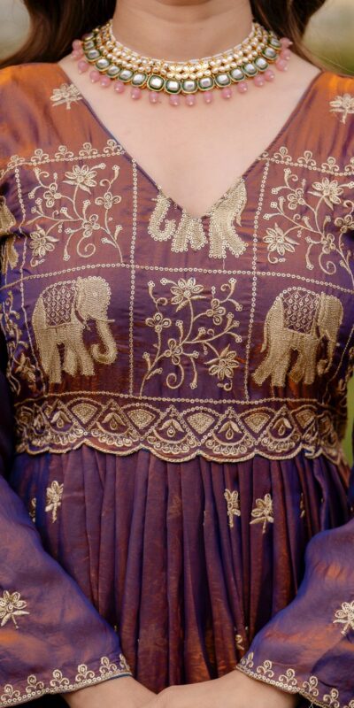 Purple Fendy Satin Embroidery Work Gown | Gowns, Bollywood Gowns, Creative Gowns, Designer Gowns, Embroidered Gowns, Party Wear Gowns