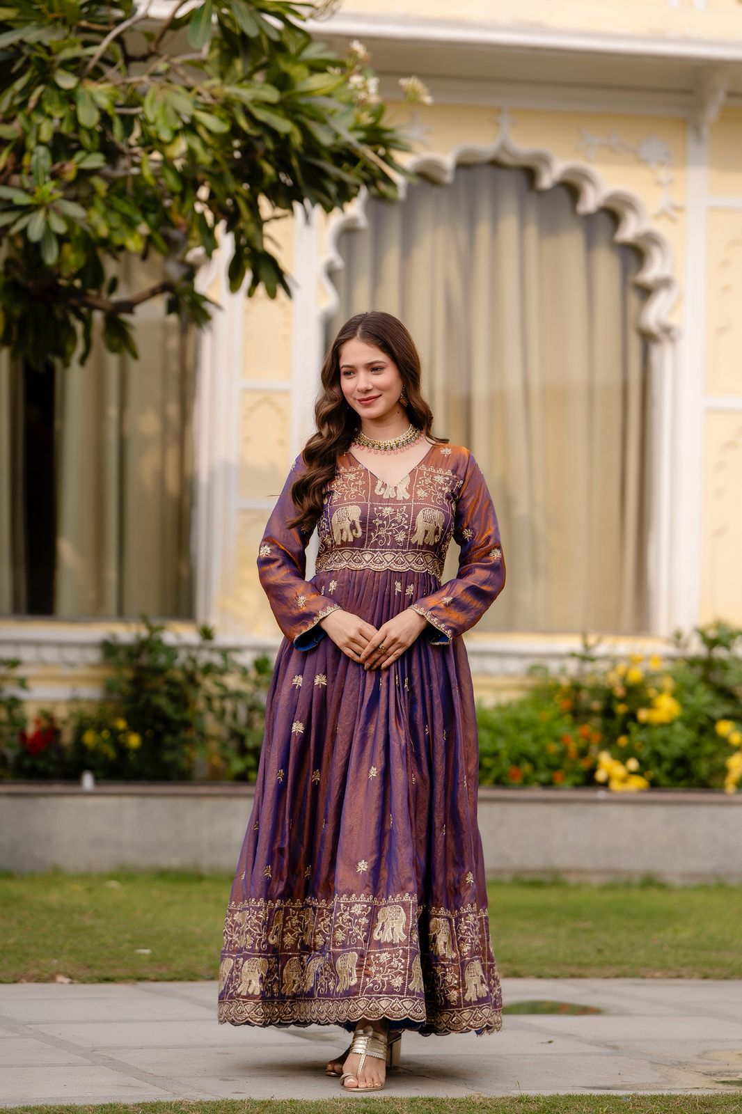 Purple Fendy Satin Embroidery Work Gown | Gowns, Bollywood Gowns, Creative Gowns, Designer Gowns, Embroidered Gowns, Party Wear Gowns
