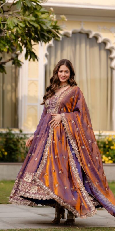 Purple Fendy Satin Embroidery Work Gown | Gowns, Bollywood Gowns, Creative Gowns, Designer Gowns, Embroidered Gowns, Party Wear Gowns