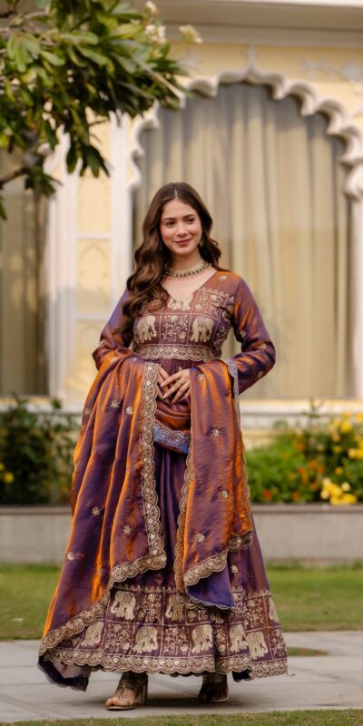 Purple Fendy Satin Embroidery Work Gown | Gowns, Bollywood Gowns, Creative Gowns, Designer Gowns, Embroidered Gowns, Party Wear Gowns