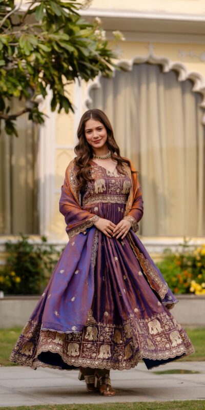 Purple Fendy Satin Embroidery Work Gown | Gowns, Bollywood Gowns, Creative Gowns, Designer Gowns, Embroidered Gowns, Party Wear Gowns