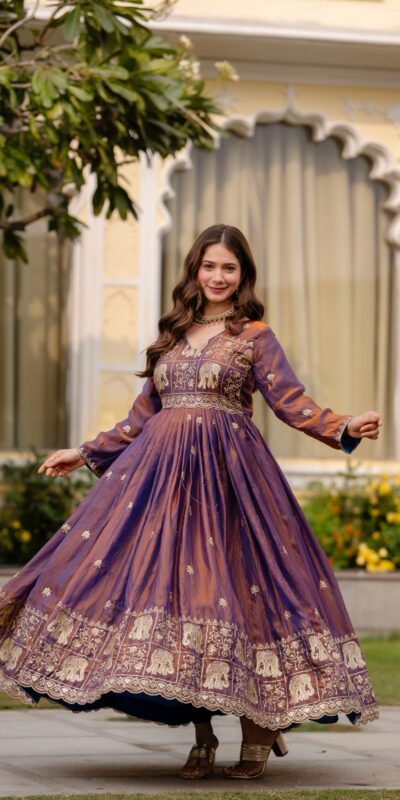 Purple Fendy Satin Embroidery Work Gown | Gowns, Bollywood Gowns, Creative Gowns, Designer Gowns, Embroidered Gowns, Party Wear Gowns