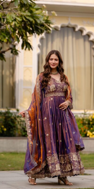 Purple Fendy Satin Embroidery Work Gown | Gowns, Bollywood Gowns, Creative Gowns, Designer Gowns, Embroidered Gowns, Party Wear Gowns