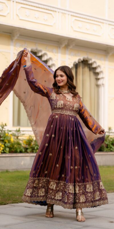 Purple Fendy Satin Embroidery Work Gown | Gowns, Bollywood Gowns, Creative Gowns, Designer Gowns, Embroidered Gowns, Party Wear Gowns