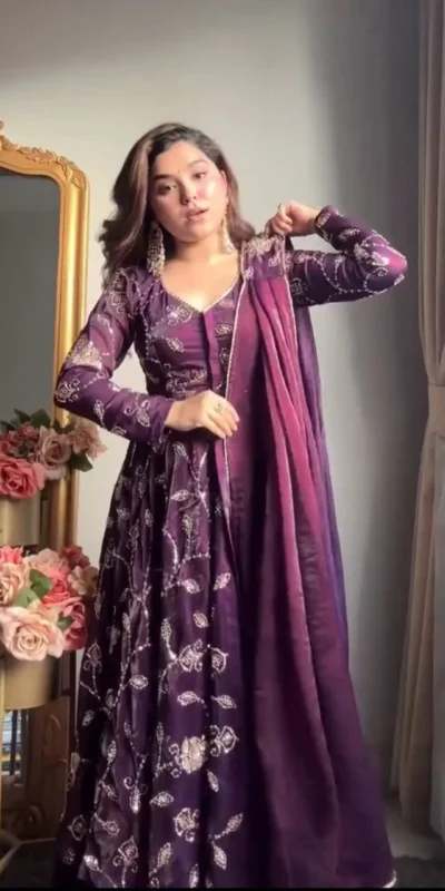 Purple Fendy Silk Embroidery Beats Work Gown | Gowns, Bollywood Gowns, Creative Gowns, Designer Gowns, Embroidered Gowns, Party Wear Gowns