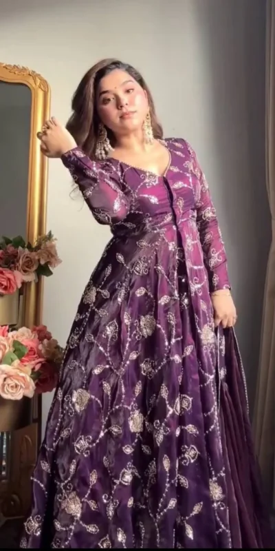 Purple Fendy Silk Embroidery Beats Work Gown | Gowns, Bollywood Gowns, Creative Gowns, Designer Gowns, Embroidered Gowns, Party Wear Gowns