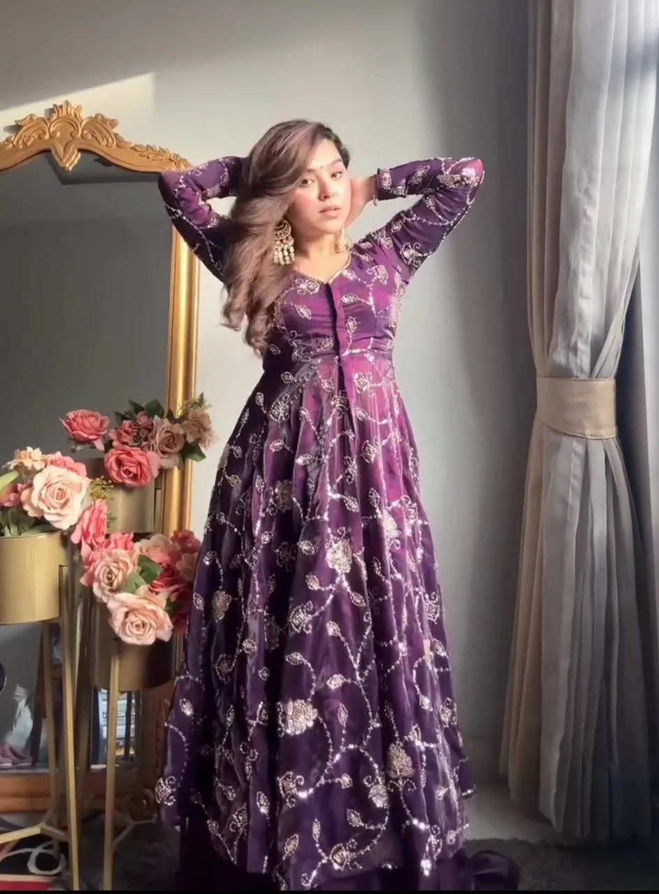 Purple Fendy Silk Embroidery Beats Work Gown | Gowns, Bollywood Gowns, Creative Gowns, Designer Gowns, Embroidered Gowns, Party Wear Gowns