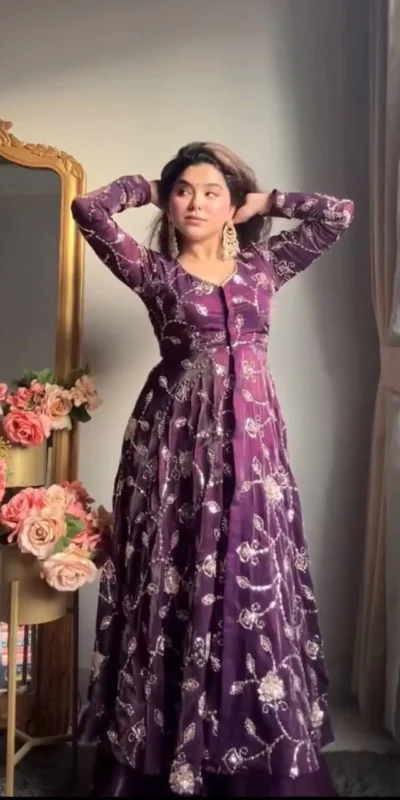 Purple Fendy Silk Embroidery Beats Work Gown | Gowns, Bollywood Gowns, Creative Gowns, Designer Gowns, Embroidered Gowns, Party Wear Gowns