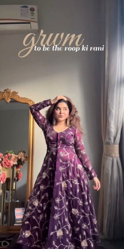 Purple Fendy Silk Lace Work Gown | Gowns, Bollywood Gowns, Creative Gowns, Designer Gowns, Embroidered Gowns, Party Wear Gowns