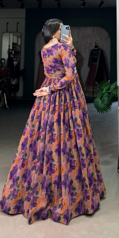 Purple Georgette Floral Gown | Gowns, Bollywood Gowns, Creative Gowns, Designer Gowns, Embroidered Gowns, Party Wear Gowns
