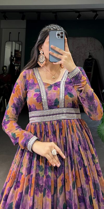 Purple Georgette Floral Gown | Gowns, Bollywood Gowns, Creative Gowns, Designer Gowns, Embroidered Gowns, Party Wear Gowns