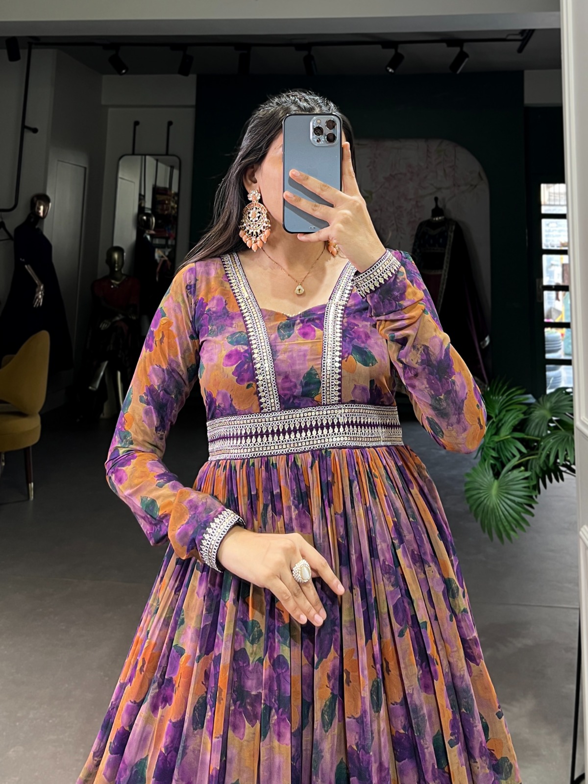 Purple Georgette Floral Gown | Gowns, Bollywood Gowns, Creative Gowns, Designer Gowns, Embroidered Gowns, Party Wear Gowns