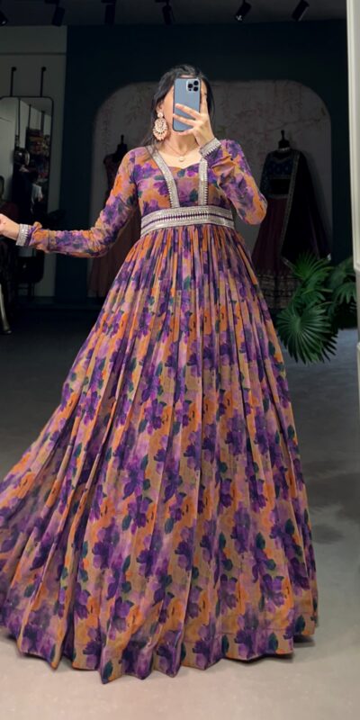 Purple Georgette Floral Gown | Gowns, Bollywood Gowns, Creative Gowns, Designer Gowns, Embroidered Gowns, Party Wear Gowns