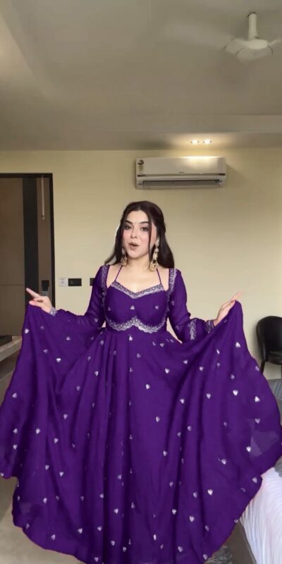 Purple Georgette Sequence Gown | Gowns, Bollywood Gowns, Creative Gowns, Designer Gowns, Embroidered Gowns, Party Wear Gowns