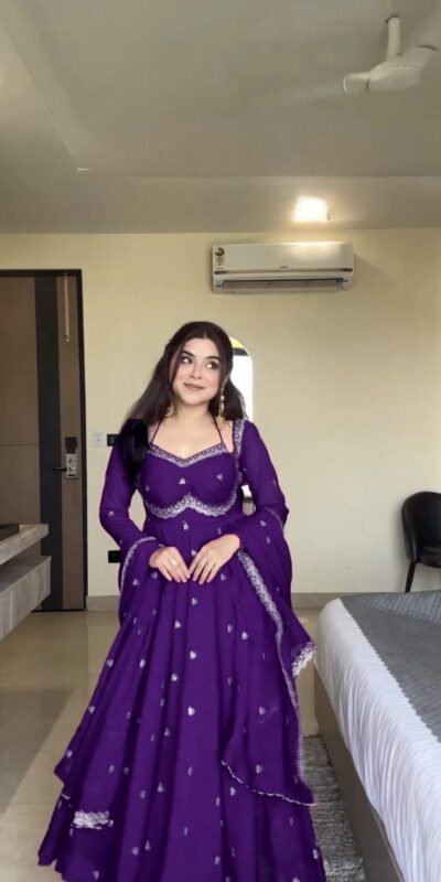 Purple Georgette Sequence Gown | Gowns, Bollywood Gowns, Creative Gowns, Designer Gowns, Embroidered Gowns, Party Wear Gowns