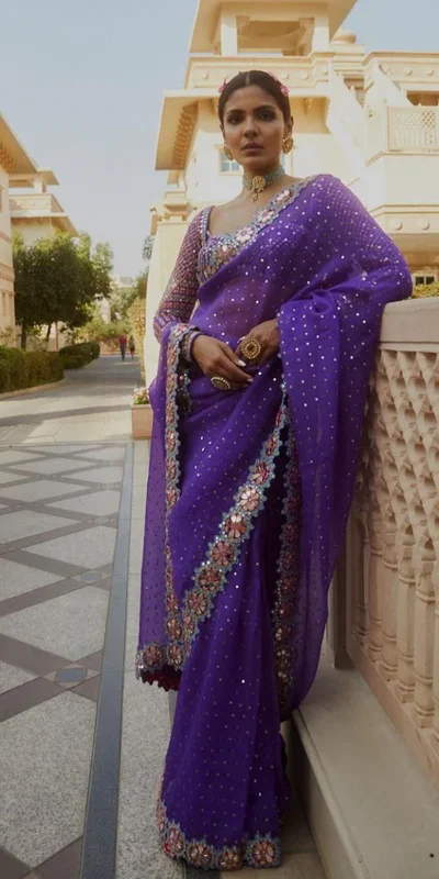 Purple Georgette Sequence Print Saree | Sarees, Bollywood Sarees, Creative Sarees, Designer Sarees, Embroidered Sarees, Ethnic Saree, Modern Digital sarees, Party Wear Sarees