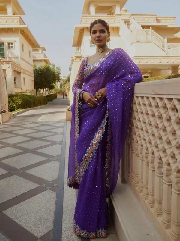 Purple Georgette Sequence Print Saree | Sarees, Bollywood Sarees, Creative Sarees, Designer Sarees, Embroidered Sarees, Ethnic Saree, Modern Digital sarees, Party Wear Sarees