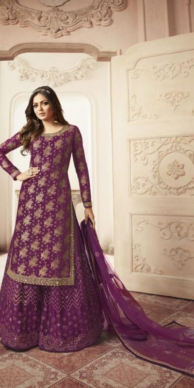 Purple Jacquard Silk Georgette Diamond Sharara Suit | Jump Suits, Salwar suit, Casual Suits, Creative suits, Designer Suits, Palazzo Suits, Party Wear Suits, Patiala Suits, Straight Suits