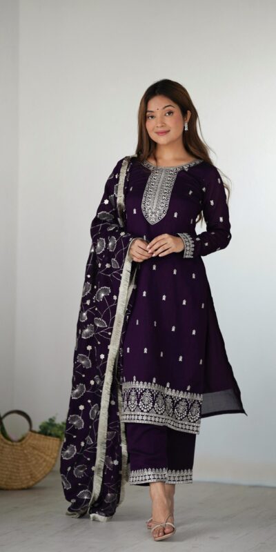 Purple Rangoli Silk Sequence Jari Work Salwar Suit | Jump Suits, Salwar suit, Casual Suits, Creative suits, Designer Suits, Palazzo Suits, Party Wear Suits, Patiala Suits, Straight Suits