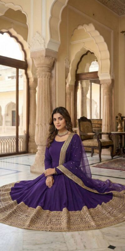 Purple Roman Silk Embroidery Lace Work Gown | Gowns, Bollywood Gowns, Creative Gowns, Designer Gowns, Embroidered Gowns, Party Wear Gowns