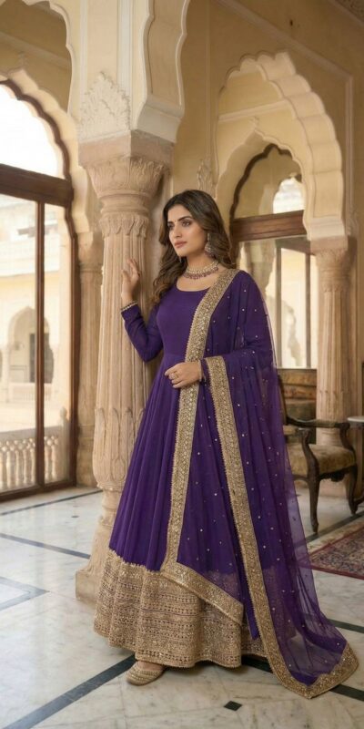 Purple Roman Silk Embroidery Lace Work Gown | Gowns, Bollywood Gowns, Creative Gowns, Designer Gowns, Embroidered Gowns, Party Wear Gowns
