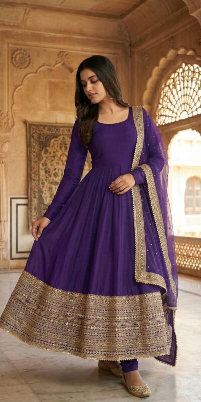 Purple Roman Silk Embroidery Lace Work Gown | Gowns, Bollywood Gowns, Creative Gowns, Designer Gowns, Embroidered Gowns, Party Wear Gowns