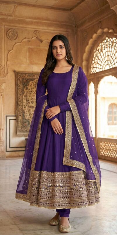 Purple Roman Silk Embroidery Lace Work Gown | Gowns, Bollywood Gowns, Creative Gowns, Designer Gowns, Embroidered Gowns, Party Wear Gowns