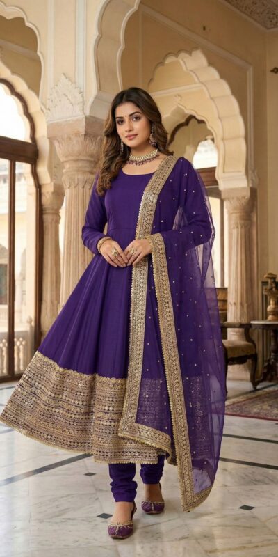 Purple Roman Silk Embroidery Lace Work Gown | Gowns, Bollywood Gowns, Creative Gowns, Designer Gowns, Embroidered Gowns, Party Wear Gowns