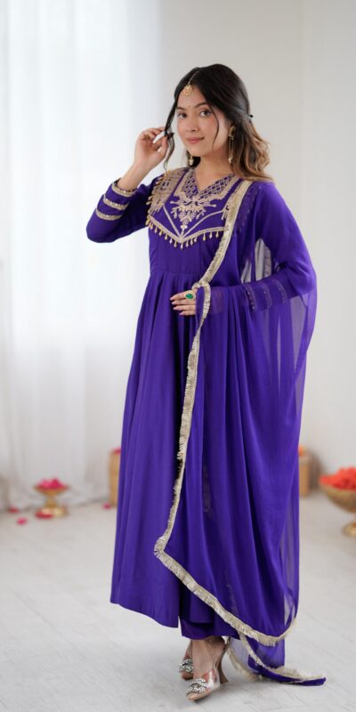 Purple Roman Silk Lace Work Border Gown | Gowns, Bollywood Gowns, Creative Gowns, Designer Gowns, Embroidered Gowns, Party Wear Gowns