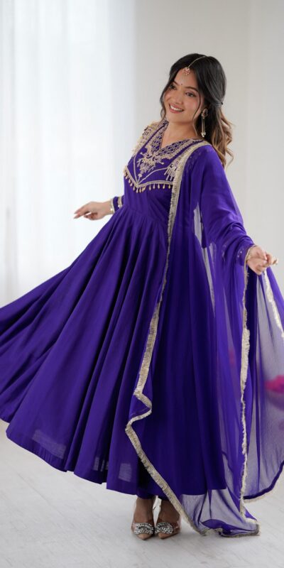 Purple Roman Silk Lace Work Border Gown | Gowns, Bollywood Gowns, Creative Gowns, Designer Gowns, Embroidered Gowns, Party Wear Gowns