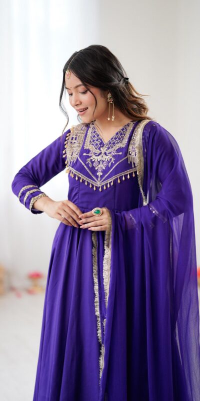 Purple Roman Silk Lace Work Border Gown | Gowns, Bollywood Gowns, Creative Gowns, Designer Gowns, Embroidered Gowns, Party Wear Gowns
