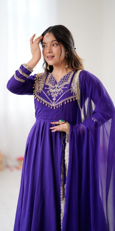Purple Roman Silk Lace Work Border Gown | Gowns, Bollywood Gowns, Creative Gowns, Designer Gowns, Embroidered Gowns, Party Wear Gowns