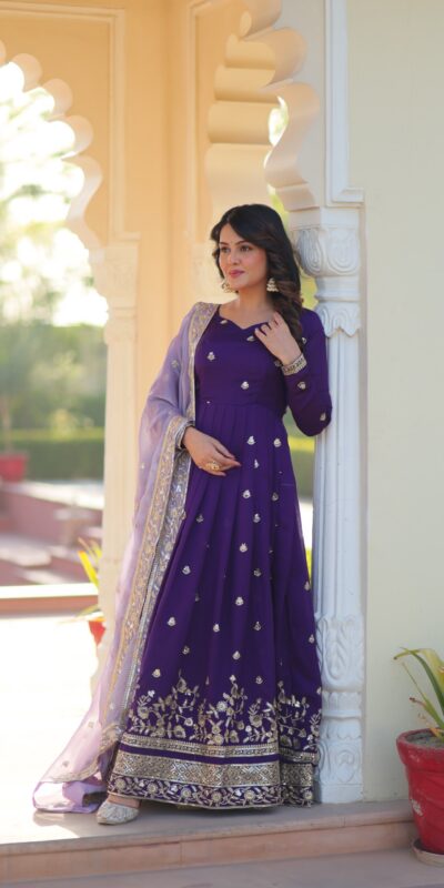 Purple Star Georgette Zari Embroidery Work Gown | Gowns, Bollywood Gowns, Creative Gowns, Designer Gowns, Embroidered Gowns, Party Wear Gowns