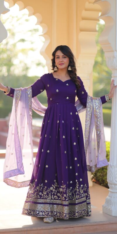 Purple Star Georgette Zari Embroidery Work Gown | Gowns, Bollywood Gowns, Creative Gowns, Designer Gowns, Embroidered Gowns, Party Wear Gowns