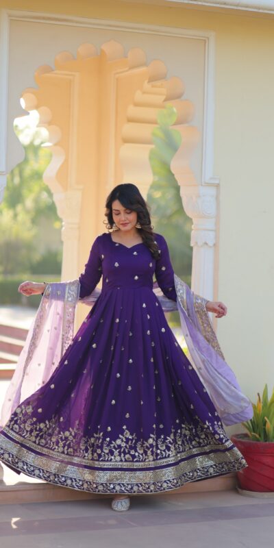 Purple Star Georgette Zari Embroidery Work Gown | Gowns, Bollywood Gowns, Creative Gowns, Designer Gowns, Embroidered Gowns, Party Wear Gowns