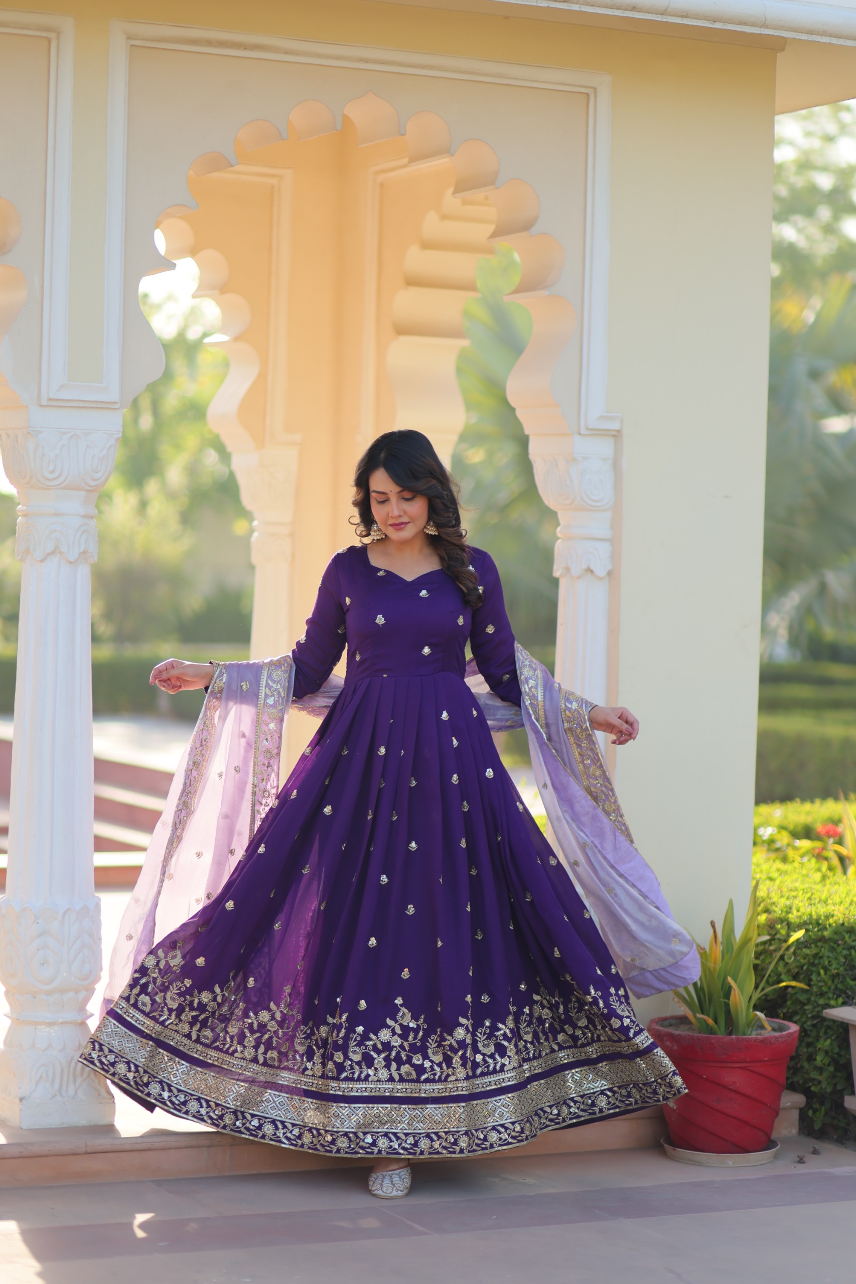 Purple Star Georgette Zari Embroidery Work Gown | Gowns, Bollywood Gowns, Creative Gowns, Designer Gowns, Embroidered Gowns, Party Wear Gowns