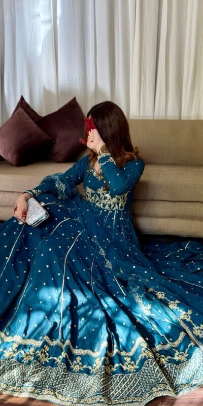 Rama Blue Star Georgette Embroidery Work Gown | Gowns, Bollywood Gowns, Creative Gowns, Designer Gowns, Embroidered Gowns, Party Wear Gowns