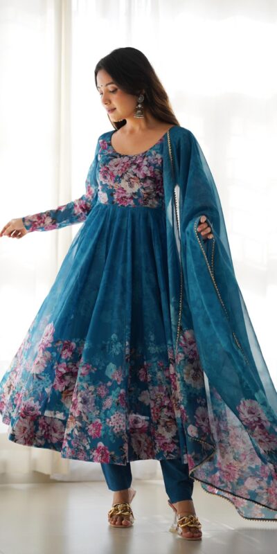 Rama Soft Organza Silk Print With Kali Gown | Gowns, Bollywood Gowns, Creative Gowns, Designer Gowns, Embroidered Gowns, Party Wear Gowns