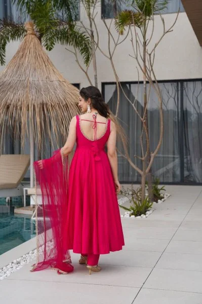 Rani Pink Roman Silk Chanderi Mirror Work Gown | Jump Suits, Salwar suit, Casual Suits, Creative suits, Designer Suits, Palazzo Suits, Party Wear Suits, Patiala Suits, Straight Suits
