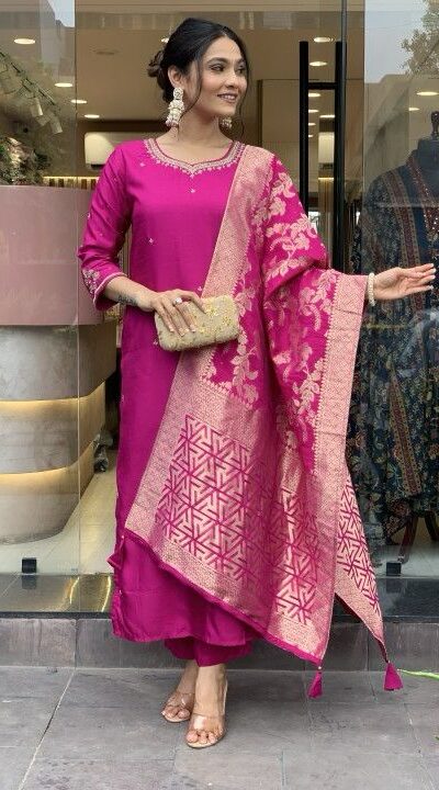 Rani Pink Roman Silk Coding Work Salwar Suit | Jump Suits, Salwar suit, Casual Suits, Creative suits, Designer Suits, Palazzo Suits, Party Wear Suits, Patiala Suits, Straight Suits