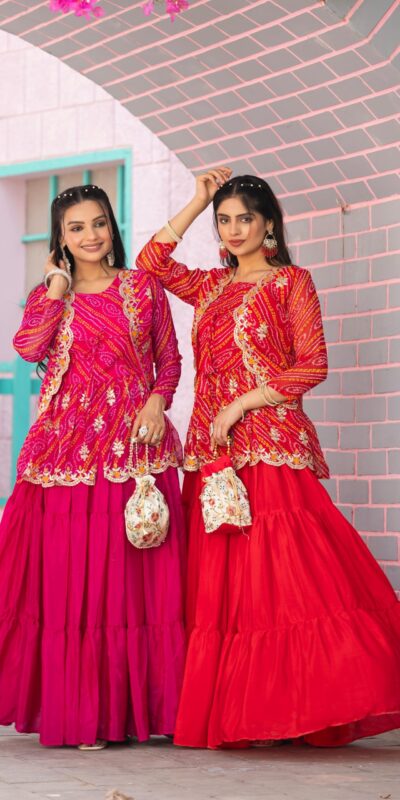 Red Bandhej Embroidery Thread Work Lehenga Crop Top & Jacket | Lehenga, Bollywood Lehenga, Creative Lehenga, Designer Lehenga, Embroidered Lehenga, Party Wear Lehenga